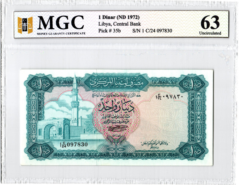 Libya 1 Dinar 1972 (ND) MGC 63 Uncirculated
P# 35b, N# 208720; # 1 C/24 097830