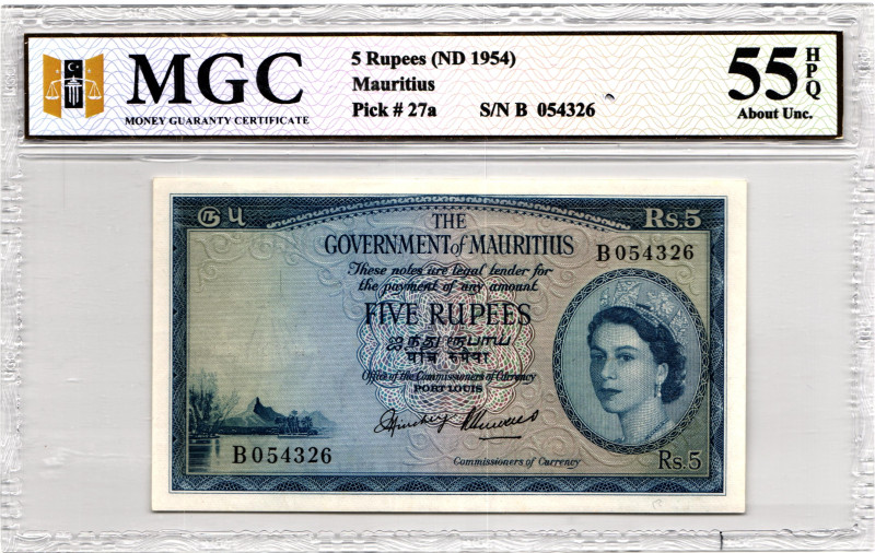 Mauritius 5 Rupees 1954 (ND) MGC 55 HPQ About Unc
P# 27a, N# 272075; # B 054326