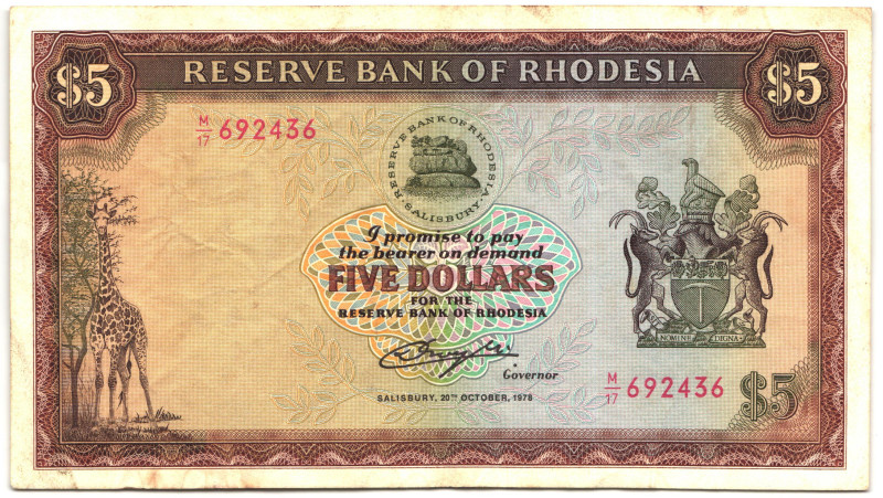 Rhodesia 5 Dollars 1978
P# 40, N# 237074; # M/17 692436; VF