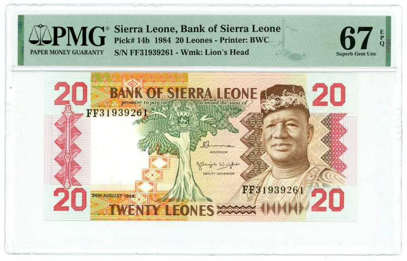 Sierra Leone 20 Leones 1984 PMG 67 EPQ Superb Gem UNC
P# 14b, N# 208037; # FF31...