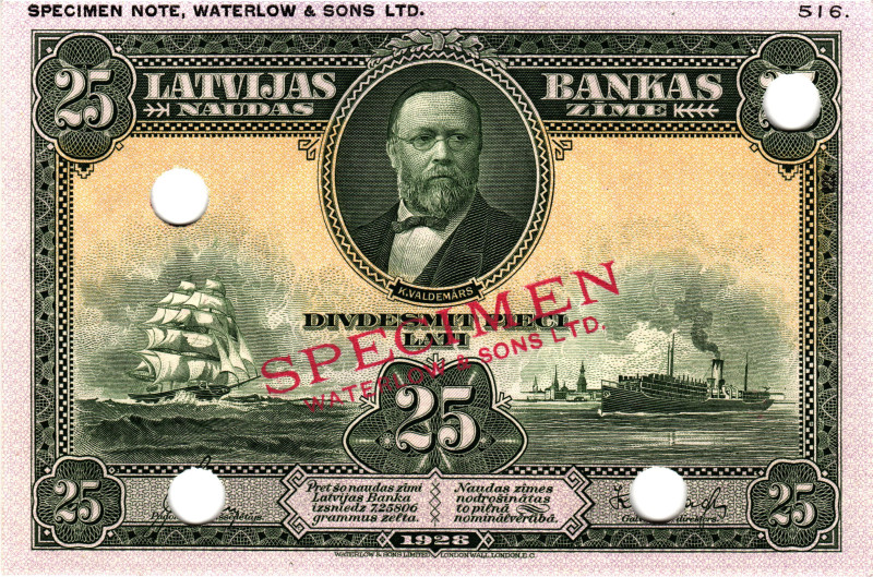 Latvia 25 Latu 1928 Color Trial Speicmen
P# 18ct, # 516; UNC