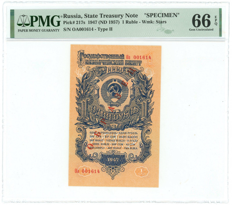 Russia - USSR 1 Rouble 1947 - 1957 Specimen PMG 66 EPQ Gem Unc
P# 217s, N# 2078...