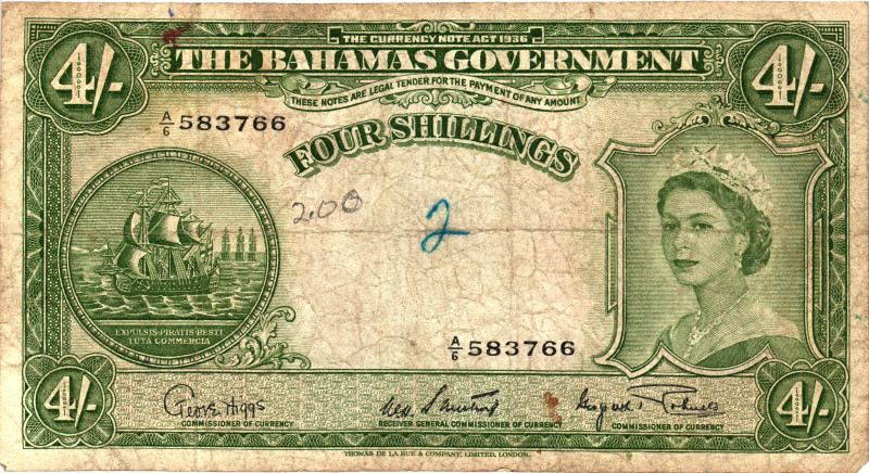 Bahamas 4 Shillings 1953 (ND)
P# 13d, N# 224016; # A/6 583766; VF