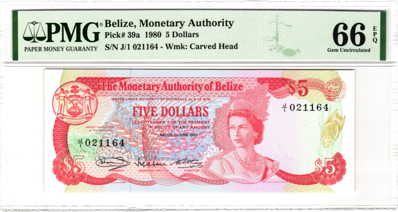 Belize 5 Dollars 1980 PMG 66 EPQ Gem Unc
P# 39a, N# 224919; # J/I 021164