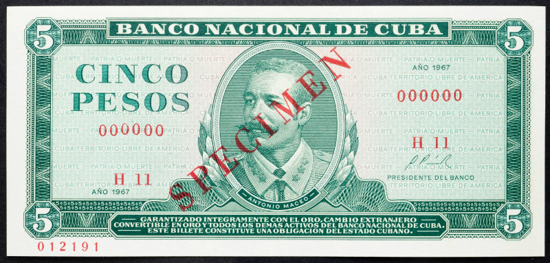 Cuba 5 Pesos 1967 Specimen
P# 103s, N# 205101; # H11 000000; UNC