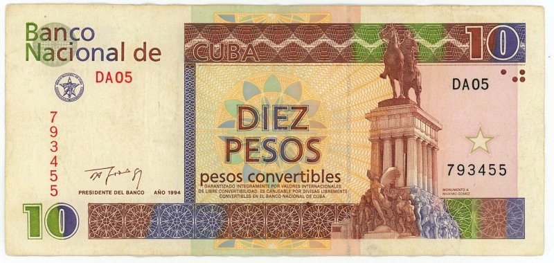 Cuba 10 Pesos Convertibles 1994
P# FX40, N# 223104; # DA05 793455; VF