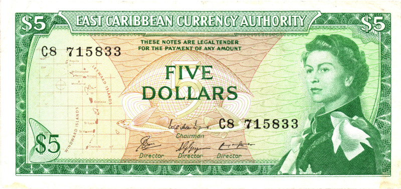 East Caribbean States 5 Dollars 1965 (ND)
P# 14, N# 202484; # C8 715833; XF+