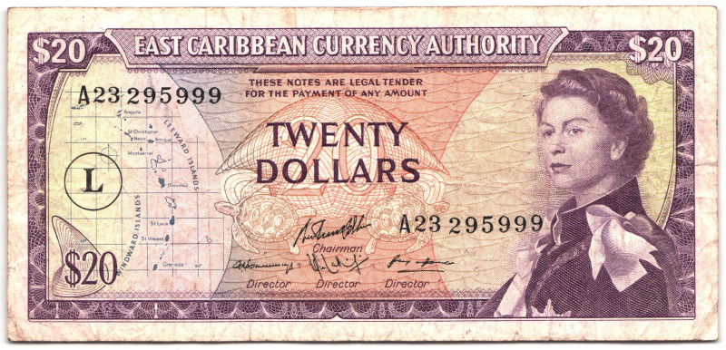 East Caribbean States 20 Dollars 1965 (ND)
P# 15l, N# 219645; # A23 295999; F+