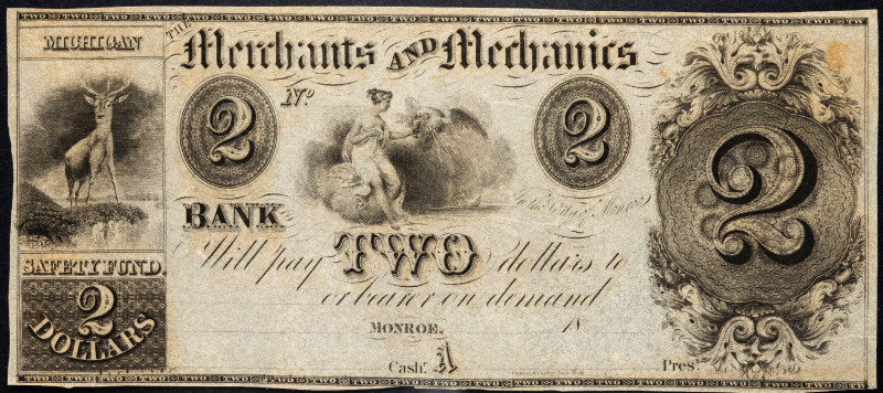 United States Michigan Monroe Merchants and Mechanics Bank 2 Dollars 1800 s Rema...