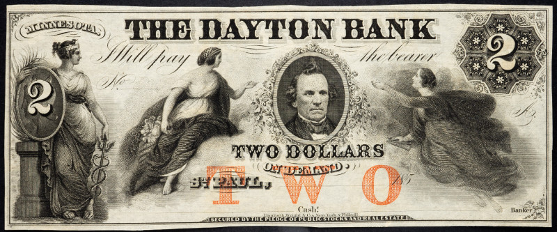 United States Minnesota St Paul Dayton Bank 2 Dollars 1850 s Remainder
AUNC, wi...