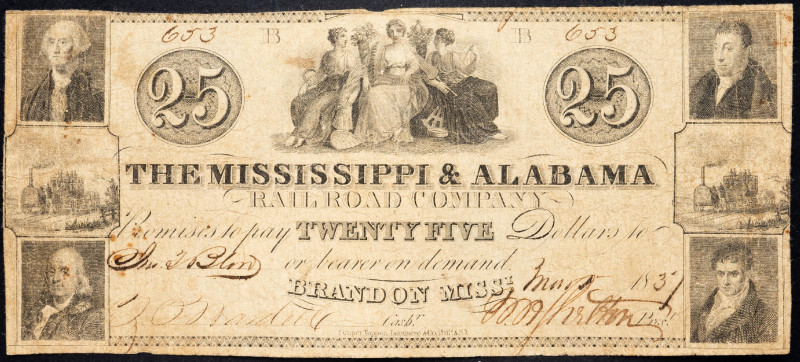 United States Mississippi & Alabama Rail-Road Company 25 Dollars 1837
# 653; VG