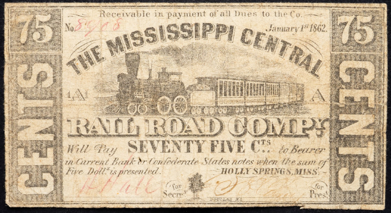 United States Mississippi Central Rail Road Company 75 Cents 1862
# 8968; P