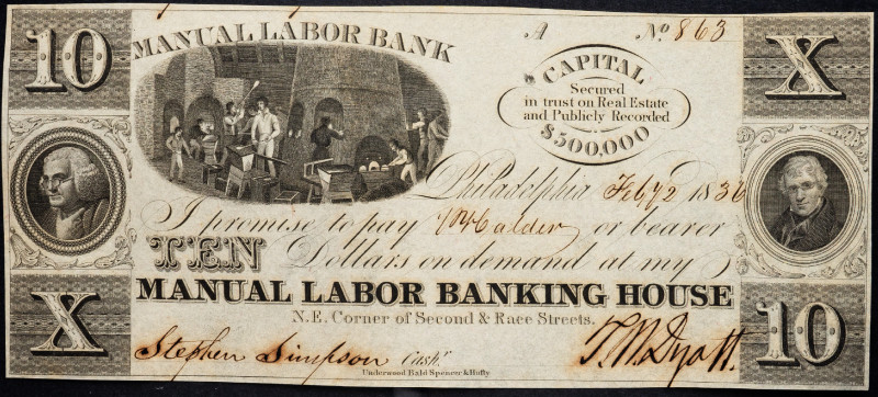 United States Philadelphia Manual Labor Banking House 10 Dollars 1836
# 863; AU...