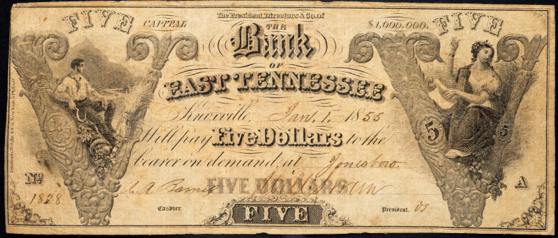 United States Tennessee Bank of East Tennessee 5 Dollars 1855
# 1828; G