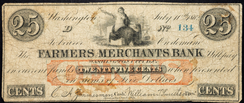 United States Washington Farmers' Merchants' Bank 25 Cents 1862
# 184; G