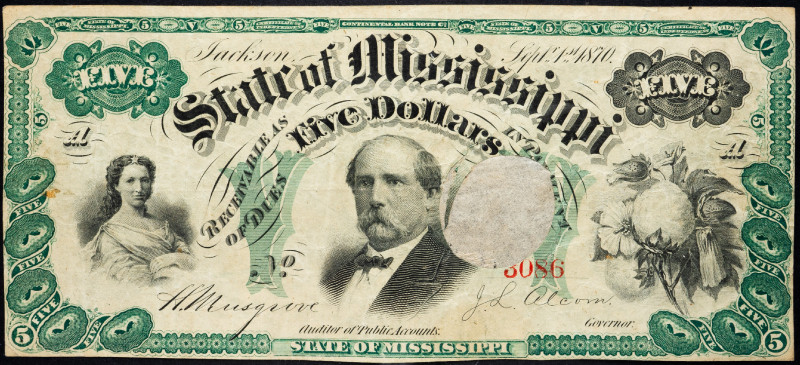 United States Mississippi 5 Dollars 1870
VG, with the hole covered, with paper ...