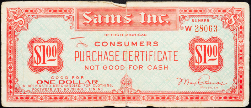 United States Michigan Detroit Sams Inc. 1 Dollar 1930 s
G