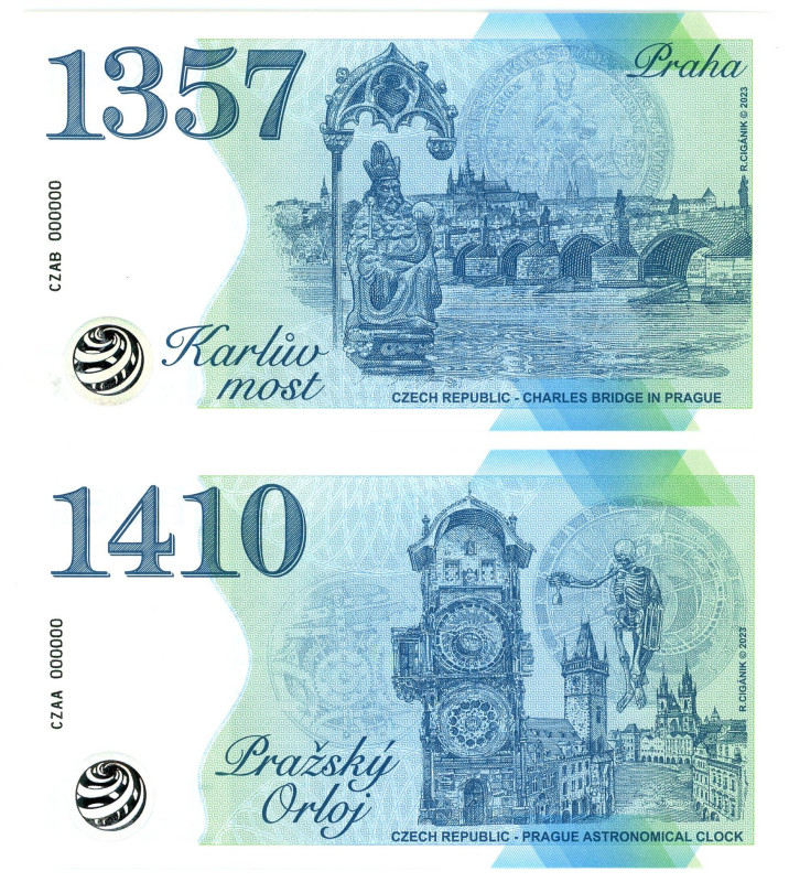 Czech Republic 2 Banknotes 2023 Prague Astronomical Clock & Charles Bridge in Pr...