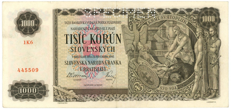 Slovakia 1000 Korun 1940 Specimen
P# 13s, N# 246409; # 1 K 6 445509; Perforated...