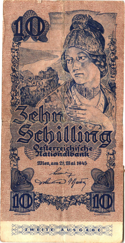 Austria 10 Schilling 1945
P# 115, N# 277158; # 1418 071026; 2nd Issue; VF