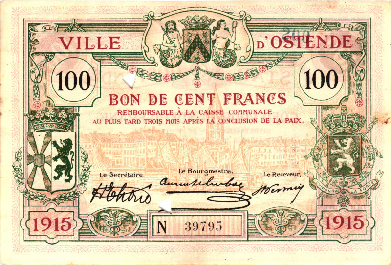 Belgium Ostende 100 Francs 1915
# 39795; XF