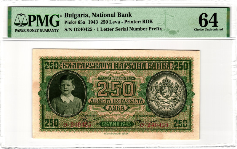 Bulgaria 250 Leva 1943 PMG 64 Choice Unc
P# 65a, N# 203761; # O 240425