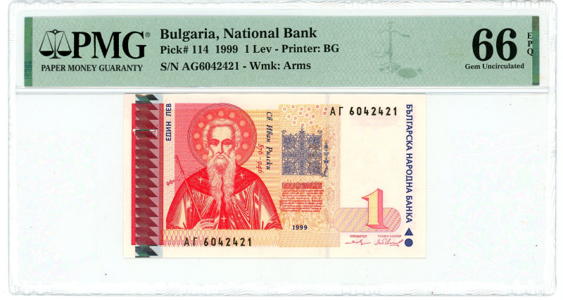 Bulgaria 1 Lev 1999 PMG 66 EPQ Gem UNC
P# 114, N# 202174; # AG6042421