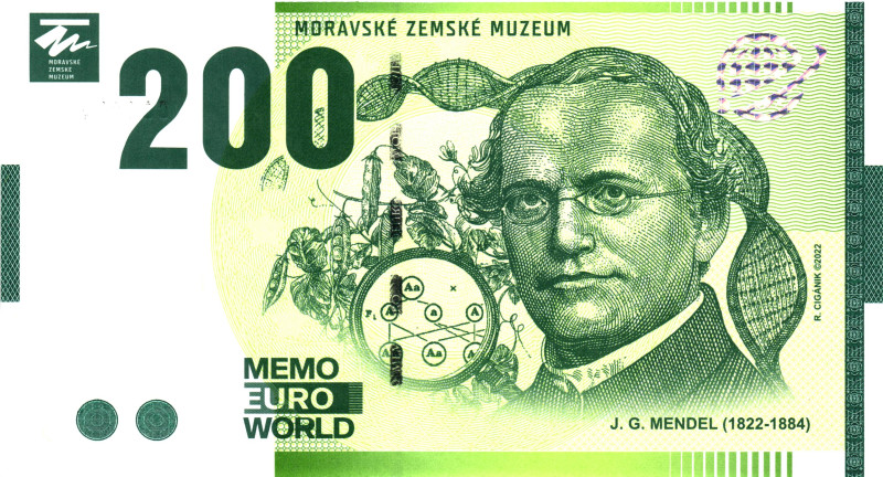 Europe 200 Memo Euro 2022 Moravian Land Museum - J.G.Mendel
# 004177; UNC