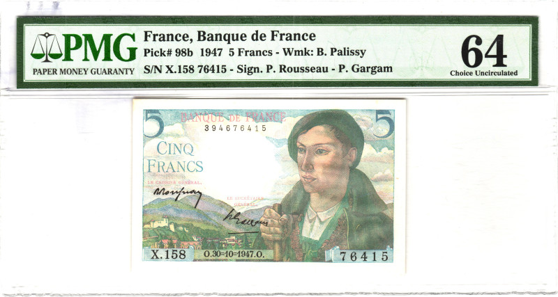 France 5 Francs 1947 PMG 64 Choice Uncirculated
P# 98b, N# 203073; # X 158 7641...