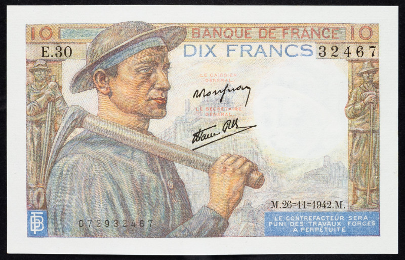 France 10 Francs 1942
P# 99c, N# 204600; # E.30 32467; UNC