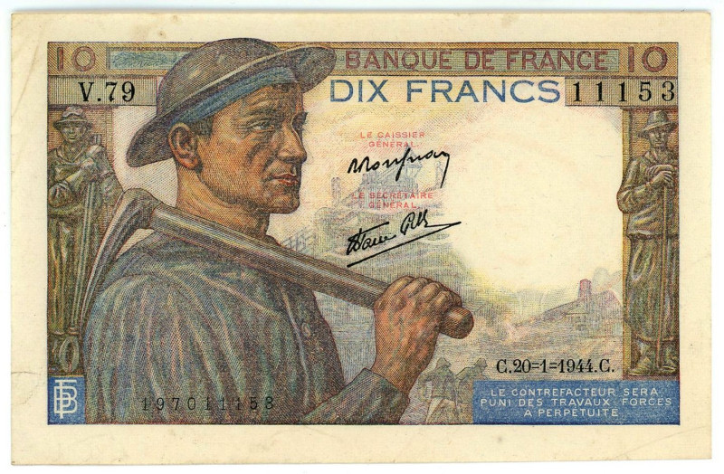 France 10 Francs 1944
P# 99e, N# 204600; # V.79 11153; XF, Tear