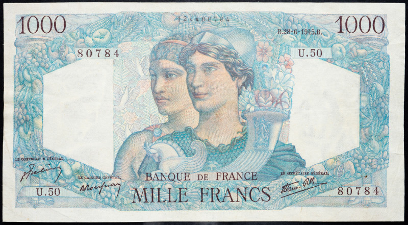 France 1000 Francs 1945
P# 130a, N# 205617; # U.50 80784; F