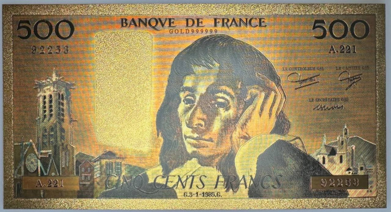 France 500 Francs 1985
P# 156, N# 204969; # A221 92238; Colored 24K Gold Foil p...