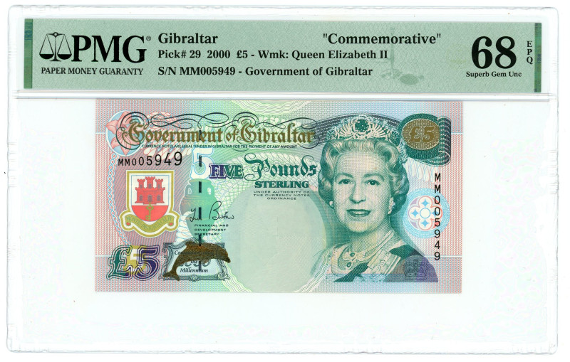 Gibraltar 5 Pounds 2000 PMG 68 EPQ Superb Gem UNC
P# 29, N# 204530; # MM005949;...