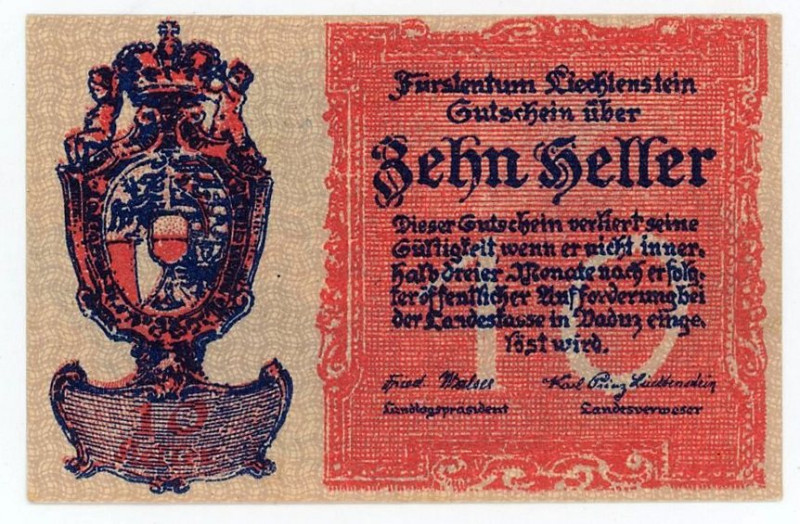 Liechtenstein 10 Heller 1920 (ND)
P# 1, UNC