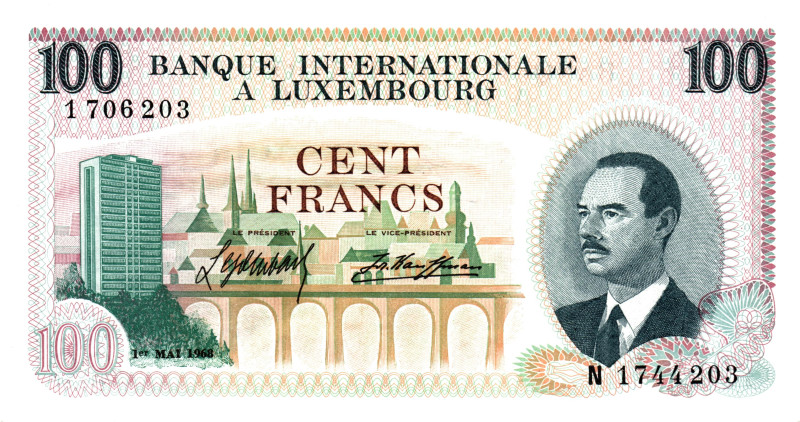 Luxembourg 100 Francs 1968
P# 14a, N# 210553; # N 1706203; UNC