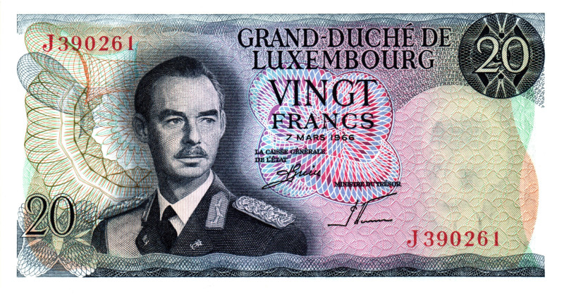 Luxembourg 20 Francs 1966
P# 54a, N# 206242; # J 390261; UNC