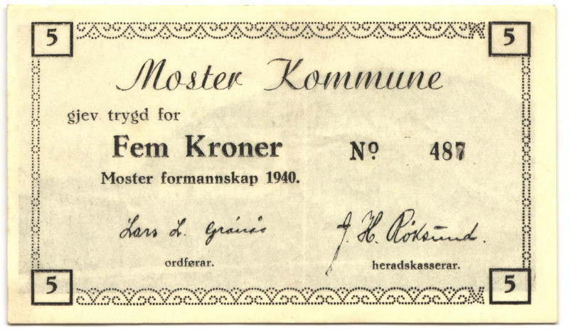 Norway Moster Komunne 5 Kroner 1940
# 487; XF