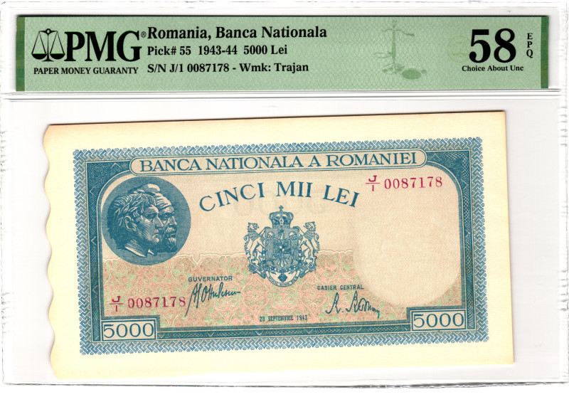 Romania 5000 Lei 1943 - 1944 PMG 58 EPQ Choice About Unc
P# 55, N# 205746; # J/...