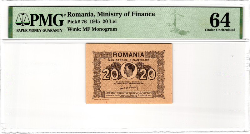 Romania 20 Lei 1945 PMG 64 Choice Unc
P# 76, N# 209502