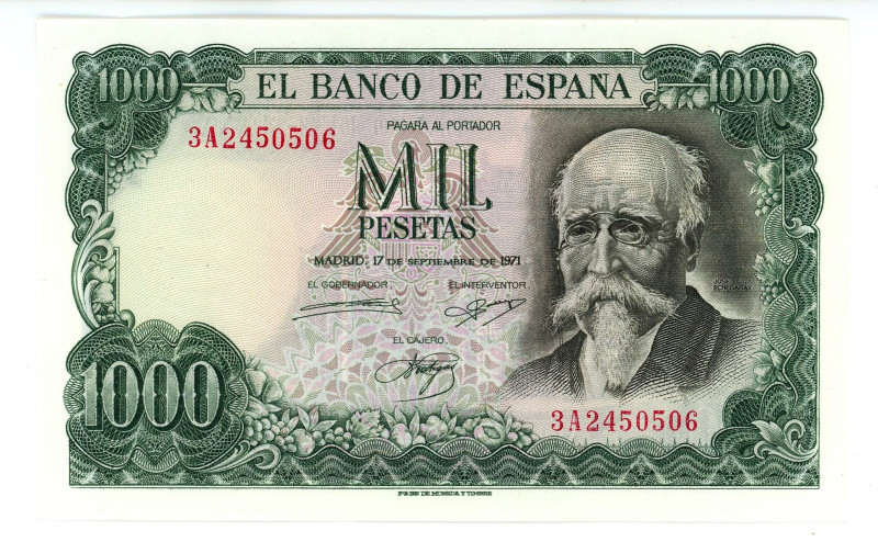 Spain 1000 Pesetas 1971
P# 154, N# 205693; # 3A2450506; XF+/AUNC-