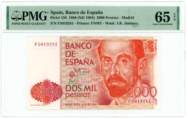 Spain 2000 Pesetas 1980 (1983) (ND) PMG 65 EPQ Gem UNC
P# 159, N# 205247; # F50...