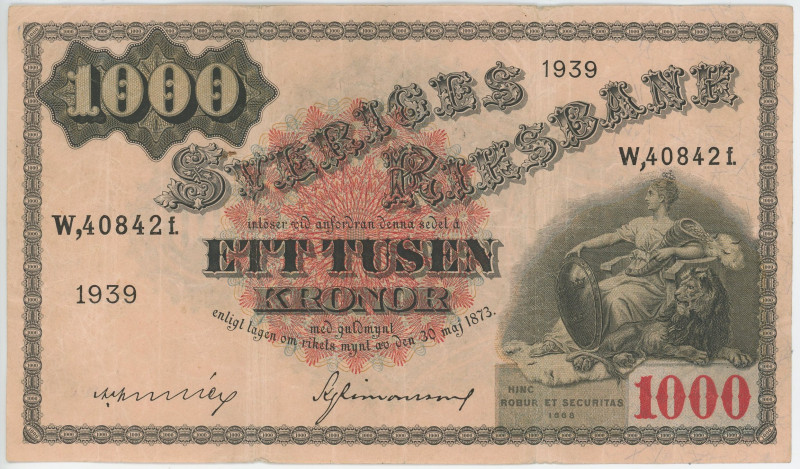 Sweden 1000 Kronor 1939
P# 38d, # W 408422f; VF