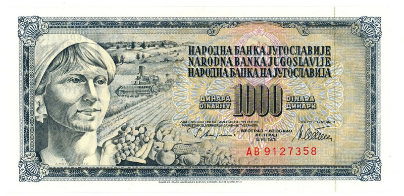 Yugoslavia 1000 Dinara 1978
P# 92a, N# 205920; # AB 9127358; UNC