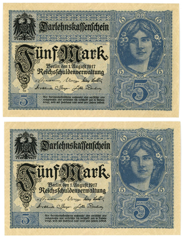 Germany - Empire 2 x 5 Mark 1917 Consecutive Pair
P# 56b, N# 207554; # N 139659...