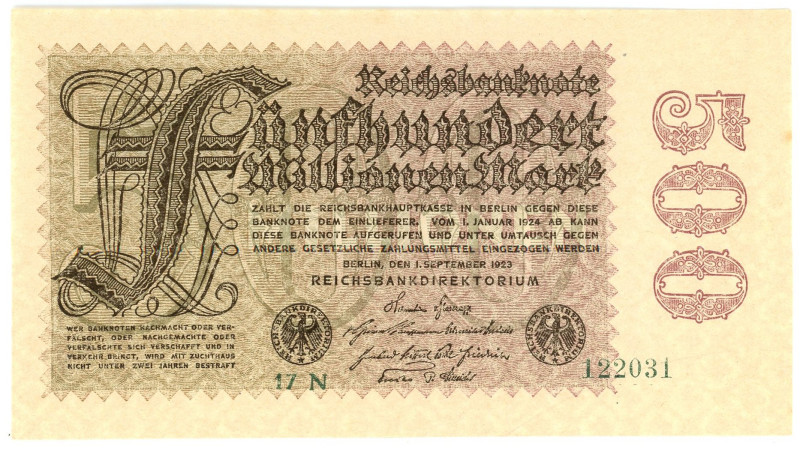 Germany - Weimar Republic 500000000 Mark 1923
P# 110g, N# 203604; # 17N 122031;...