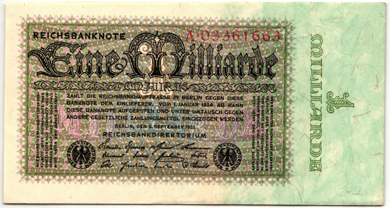 Germany - Weimar Republic 1000000000 Mark 1923
P# 114, N# 207271; # A 03361663;...