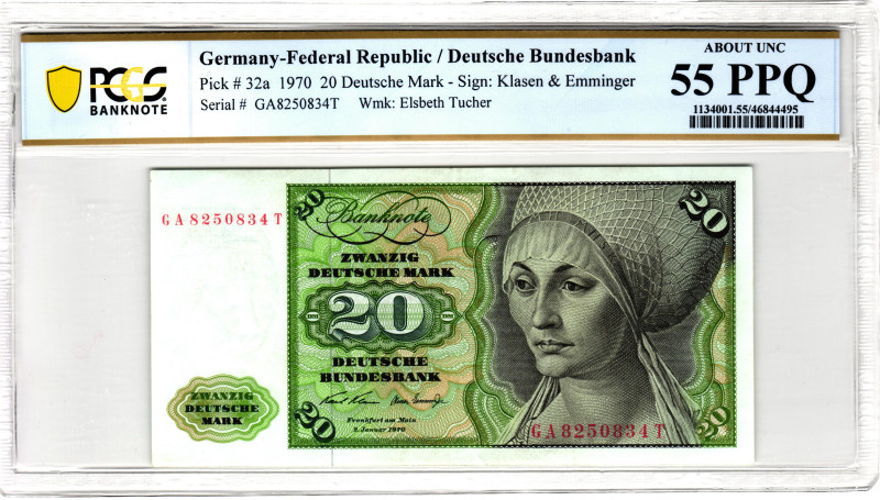 Germany - FRG 20 Deutsche Mark 1970 PCGS 55 PPQ About Unc
P# 32a, N# 208988; # ...