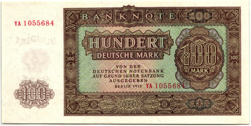 Germany - DDR 100 Deutsche Mark 1955
P# 21a, N# 209121; # YA 1055684; UNC