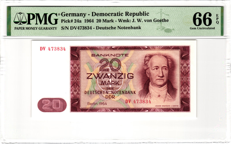 Germany - DDR 20 Mark 1964 PMG 66 EPQ Gem Unc
P# 24a, N# 209131; # DV 473834